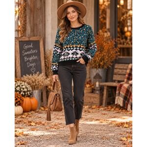 Wrangler Retro Women's Large Teal Leopard Aztec Western Boho Knit Sweater